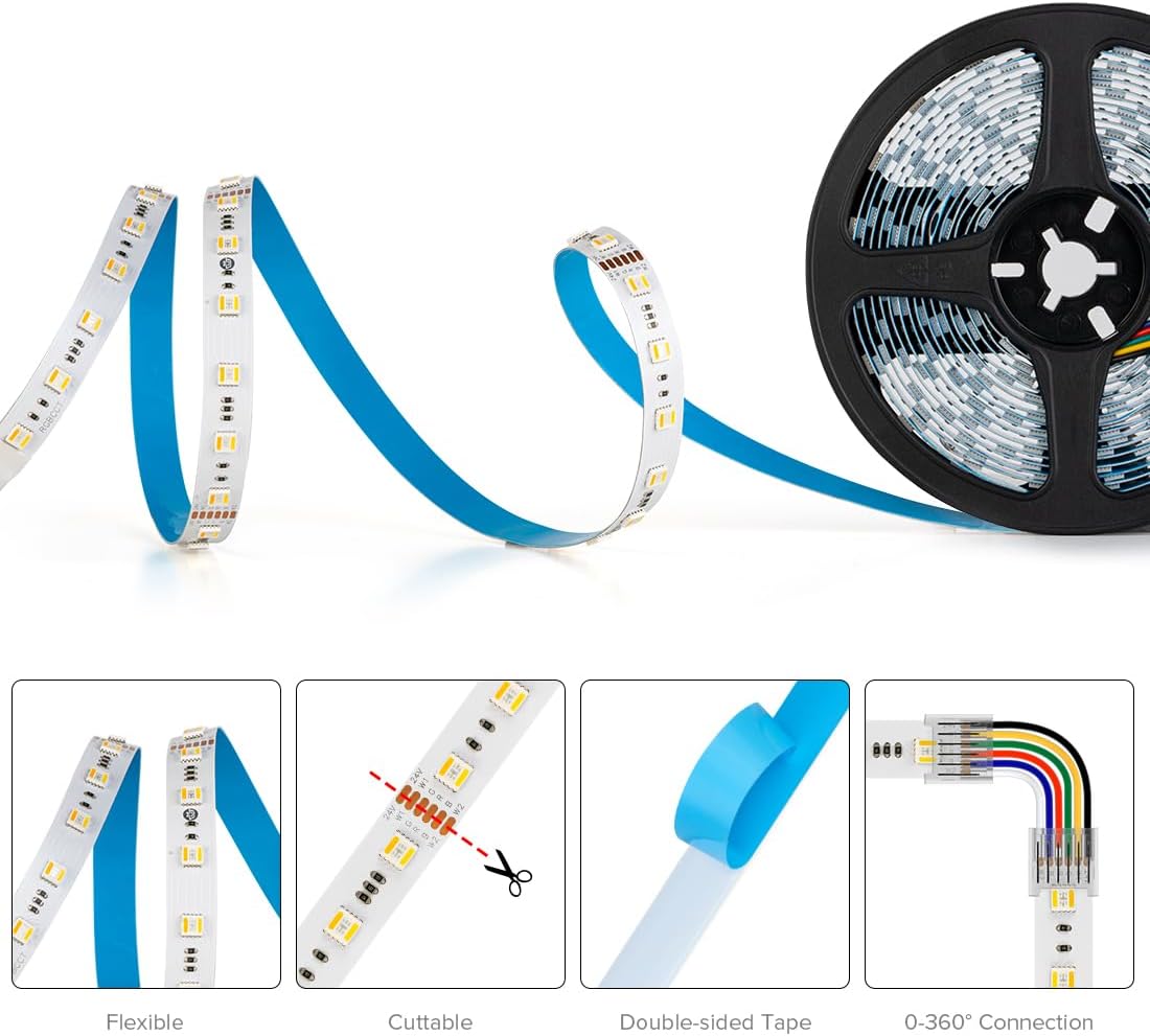 BFT-Lighting - 5m - 60 LED/m - 12mm width - PWM (Analog) 5-Ch (RGBWW 5-in-1 LED) (2700-6500K Tunable) - 24v - White FCB - IP30