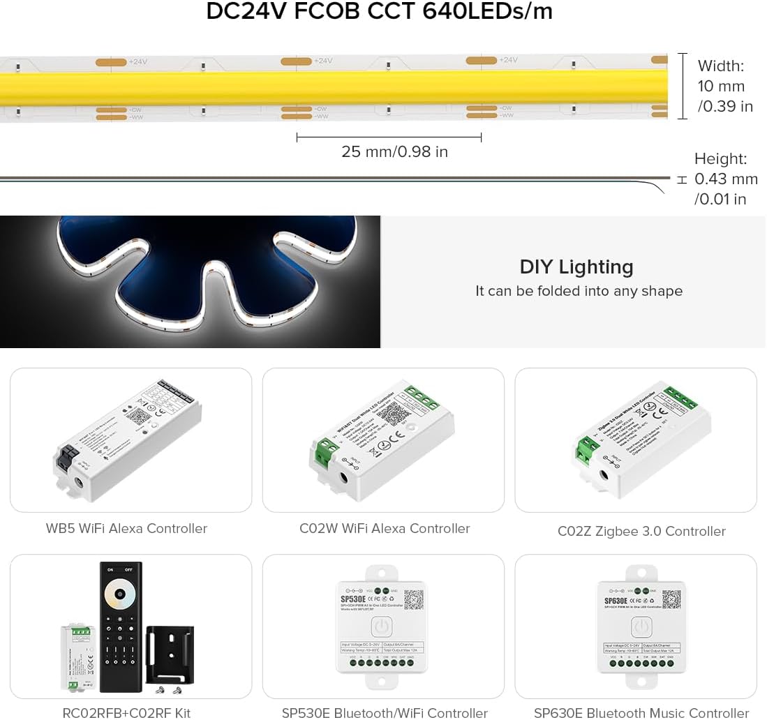 5m - 640 LED/m (FCOB) - 10mm width - PWM (Analog) 2-Ch (WW~CW) (2700-6000K Tunable) - 24v - White FCB - IP30