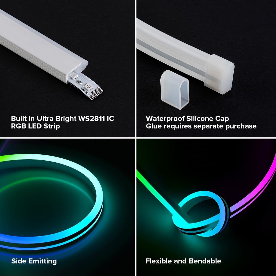 5m - 108 LED/m (Side Emitting Neon Light) - 8mm width - SPI (Digital - WS2811) 3-Ch (RGB - 18 IC/m)  - 24v - White FCB - IP67